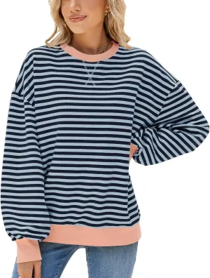 ABOCIW Womens Striped Oversized Sweatshirt Color Block Long Sleeve Crewneck Pullover Top Y2K Shirt
