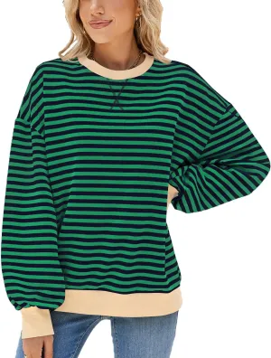ABOCIW Womens Striped Oversized Sweatshirt Color Block Long Sleeve Crewneck Pullover Top Y2K Shirt