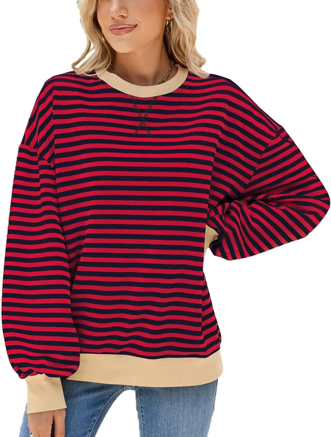 ABOCIW Womens Striped Oversized Sweatshirt Color Block Long Sleeve Crewneck Pullover Top Y2K Shirt