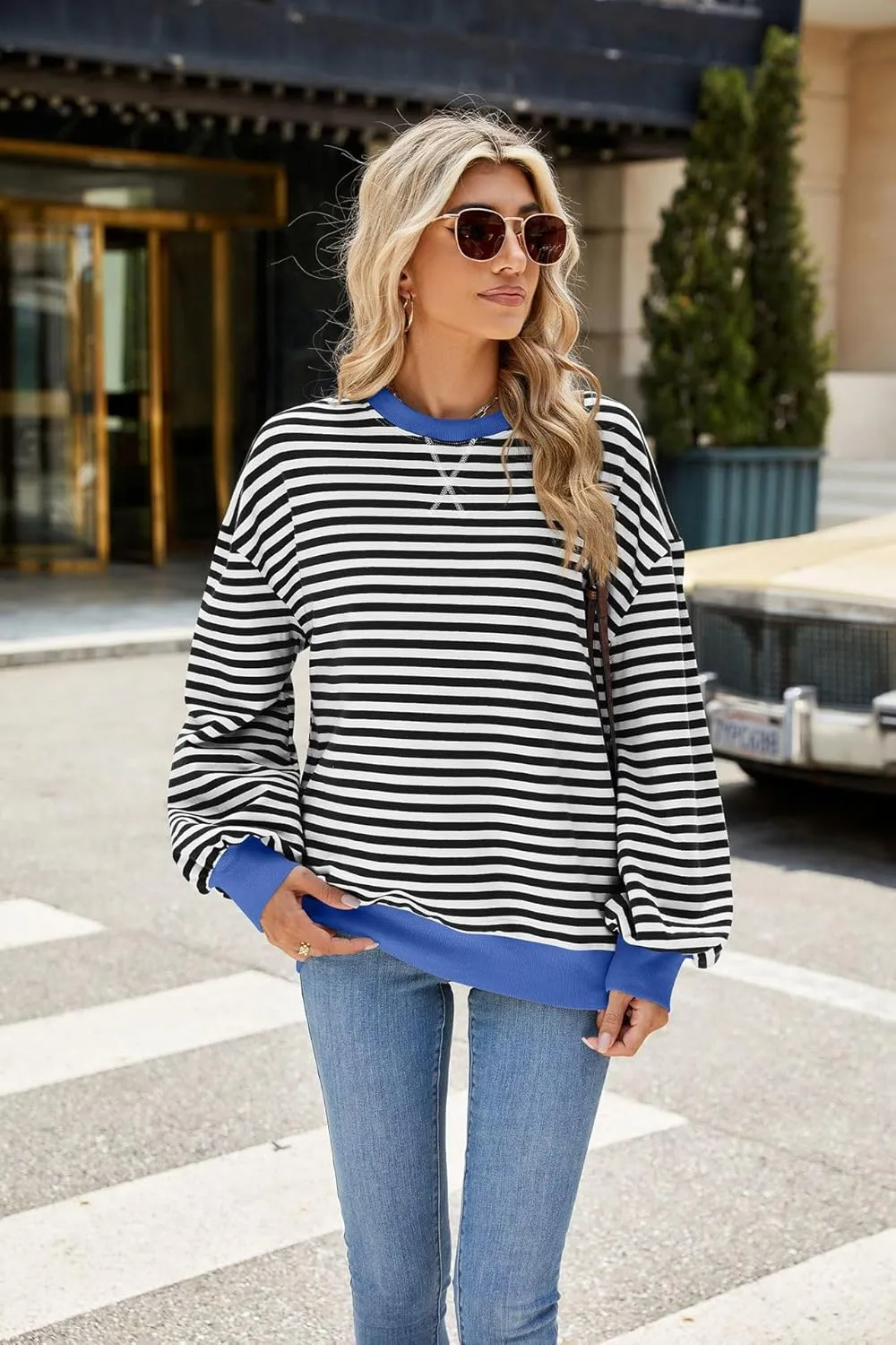 ABOCIW Womens Striped Oversized Sweatshirt Color Block Long Sleeve Crewneck Pullover Top Y2K Shirt