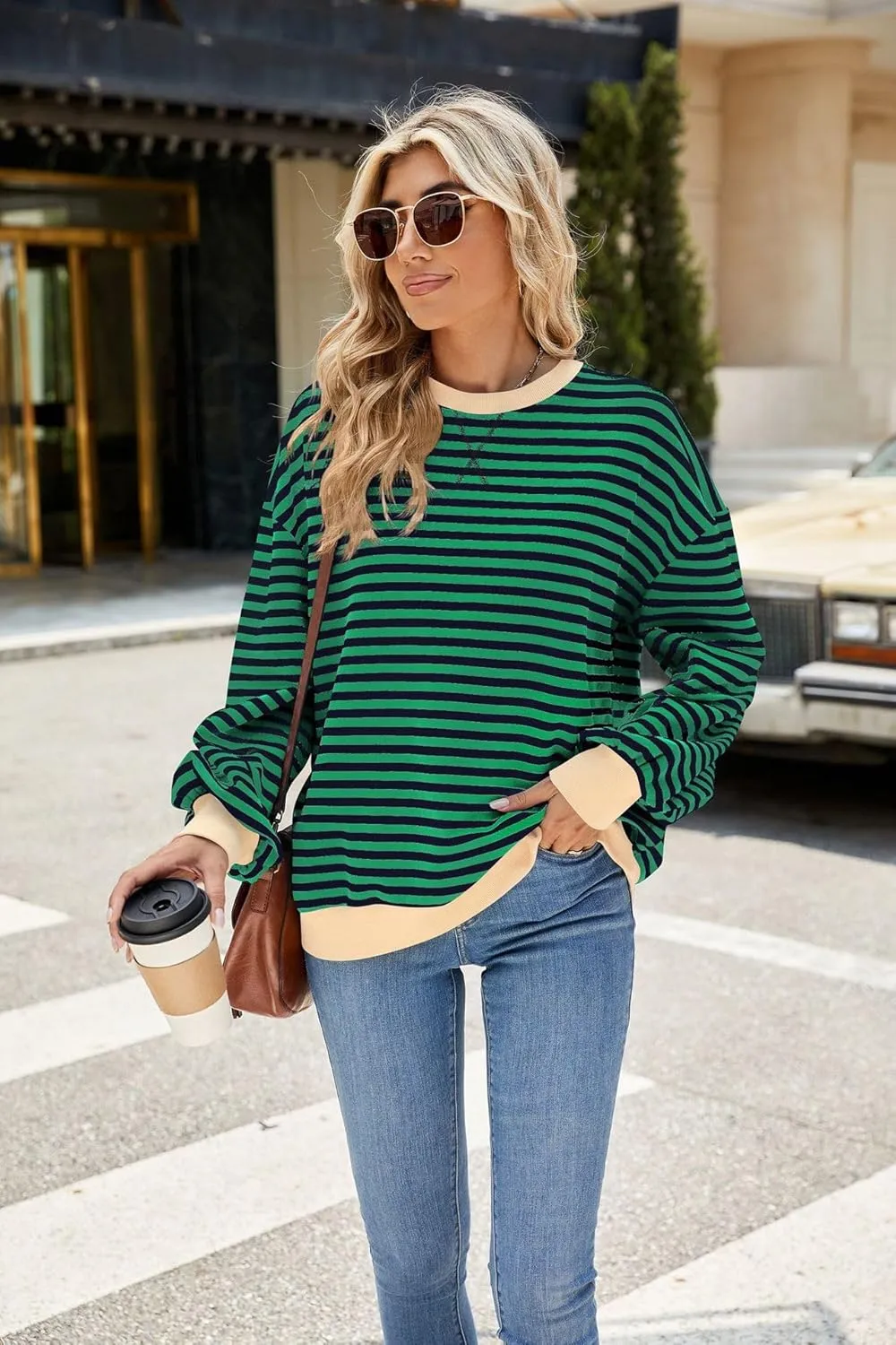 ABOCIW Womens Striped Oversized Sweatshirt Color Block Long Sleeve Crewneck Pullover Top Y2K Shirt