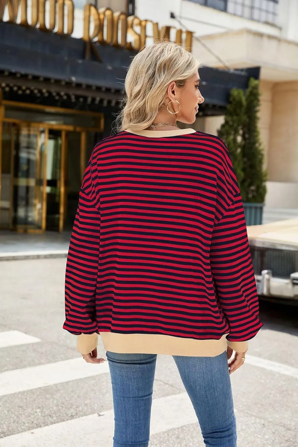 ABOCIW Womens Striped Oversized Sweatshirt Color Block Long Sleeve Crewneck Pullover Top Y2K Shirt