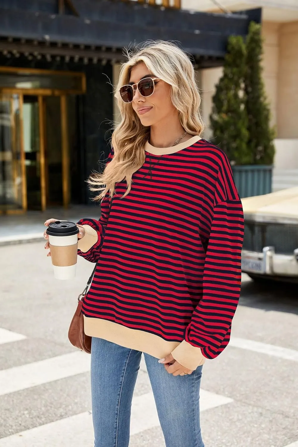 ABOCIW Womens Striped Oversized Sweatshirt Color Block Long Sleeve Crewneck Pullover Top Y2K Shirt