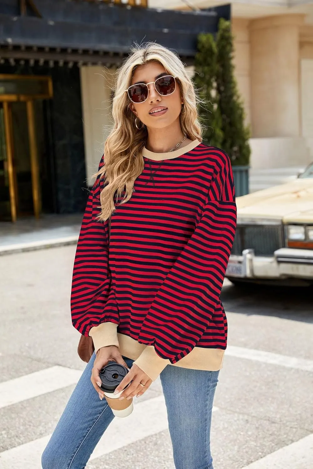 ABOCIW Womens Striped Oversized Sweatshirt Color Block Long Sleeve Crewneck Pullover Top Y2K Shirt