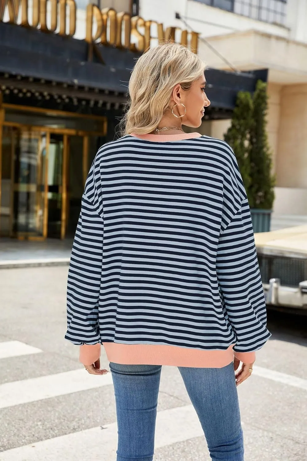 ABOCIW Womens Striped Oversized Sweatshirt Color Block Long Sleeve Crewneck Pullover Top Y2K Shirt