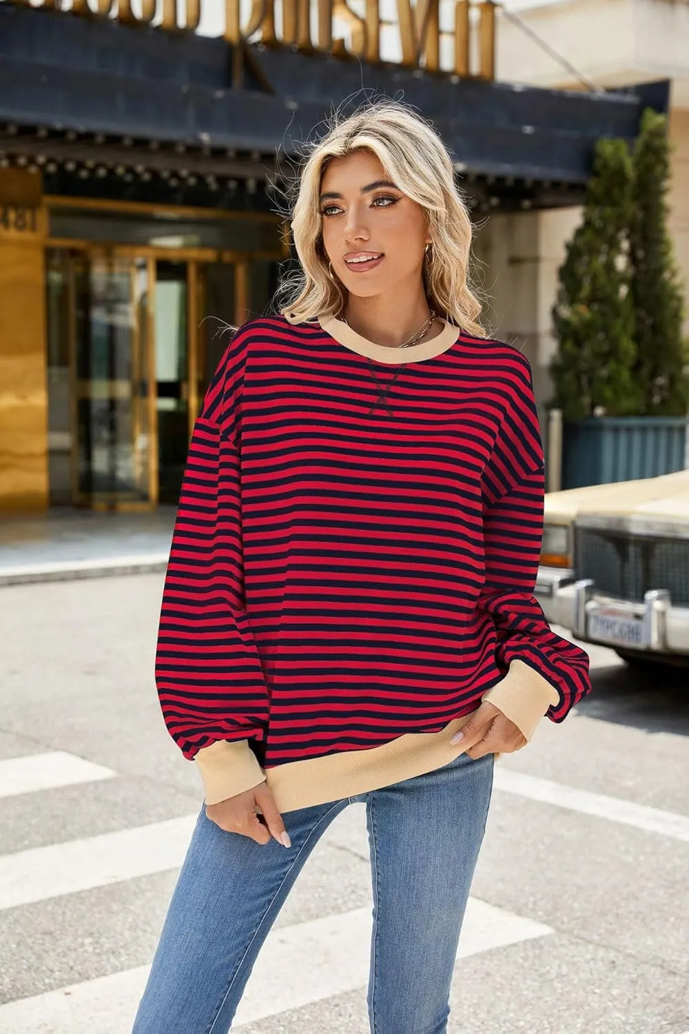 ABOCIW Womens Striped Oversized Sweatshirt Color Block Long Sleeve Crewneck Pullover Top Y2K Shirt