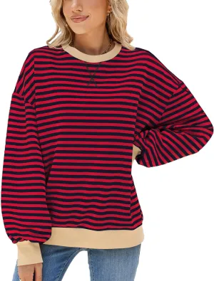 ABOCIW Womens Striped Oversized Sweatshirt Color Block Long Sleeve Crewneck Pullover Top Y2K Shirt