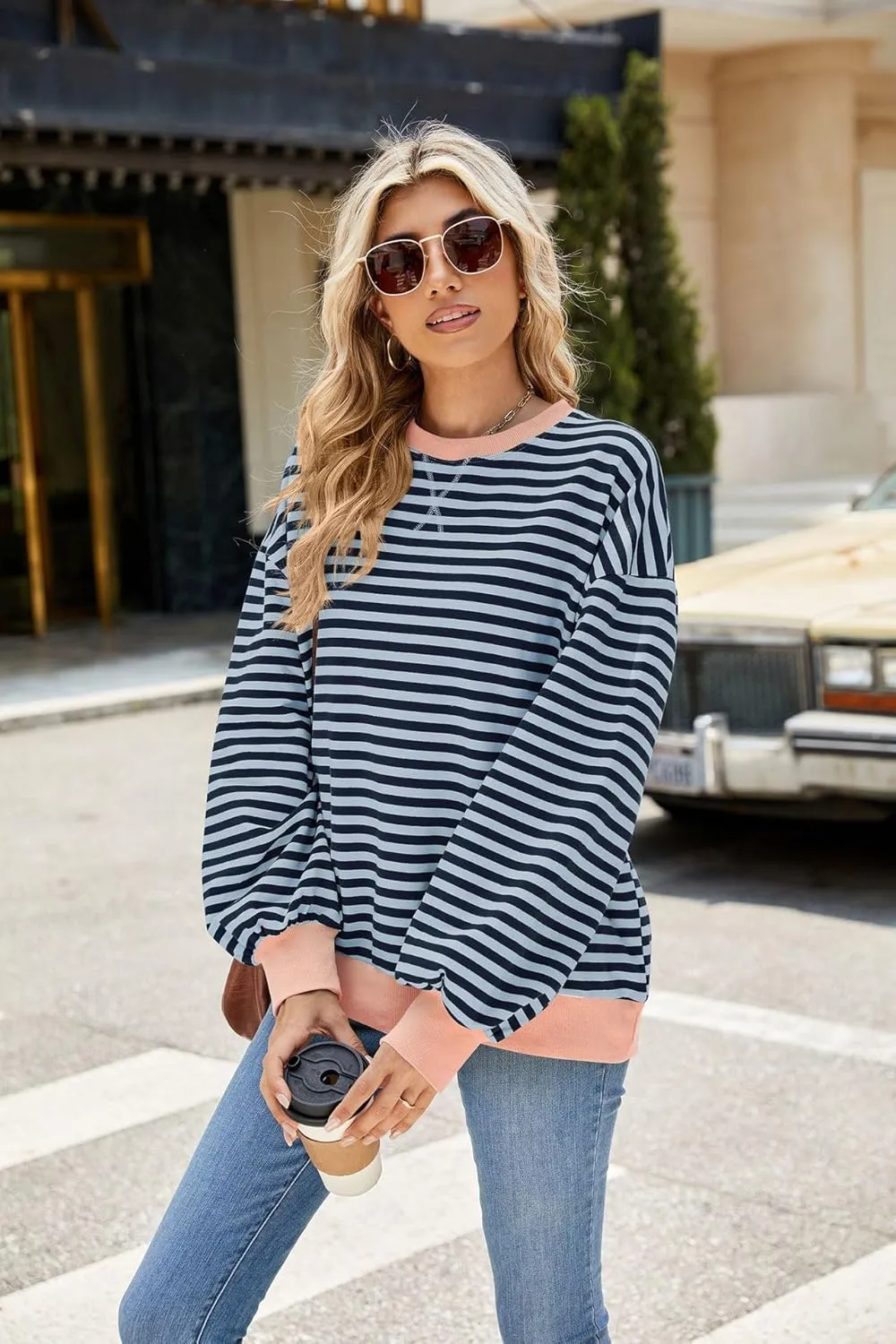 ABOCIW Womens Striped Oversized Sweatshirt Color Block Long Sleeve Crewneck Pullover Top Y2K Shirt