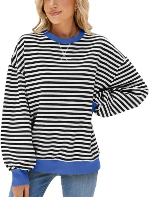 ABOCIW Womens Striped Oversized Sweatshirt Color Block Long Sleeve Crewneck Pullover Top Y2K Shirt