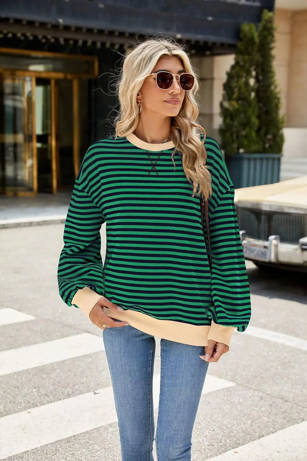 ABOCIW Womens Striped Oversized Sweatshirt Color Block Long Sleeve Crewneck Pullover Top Y2K Shirt