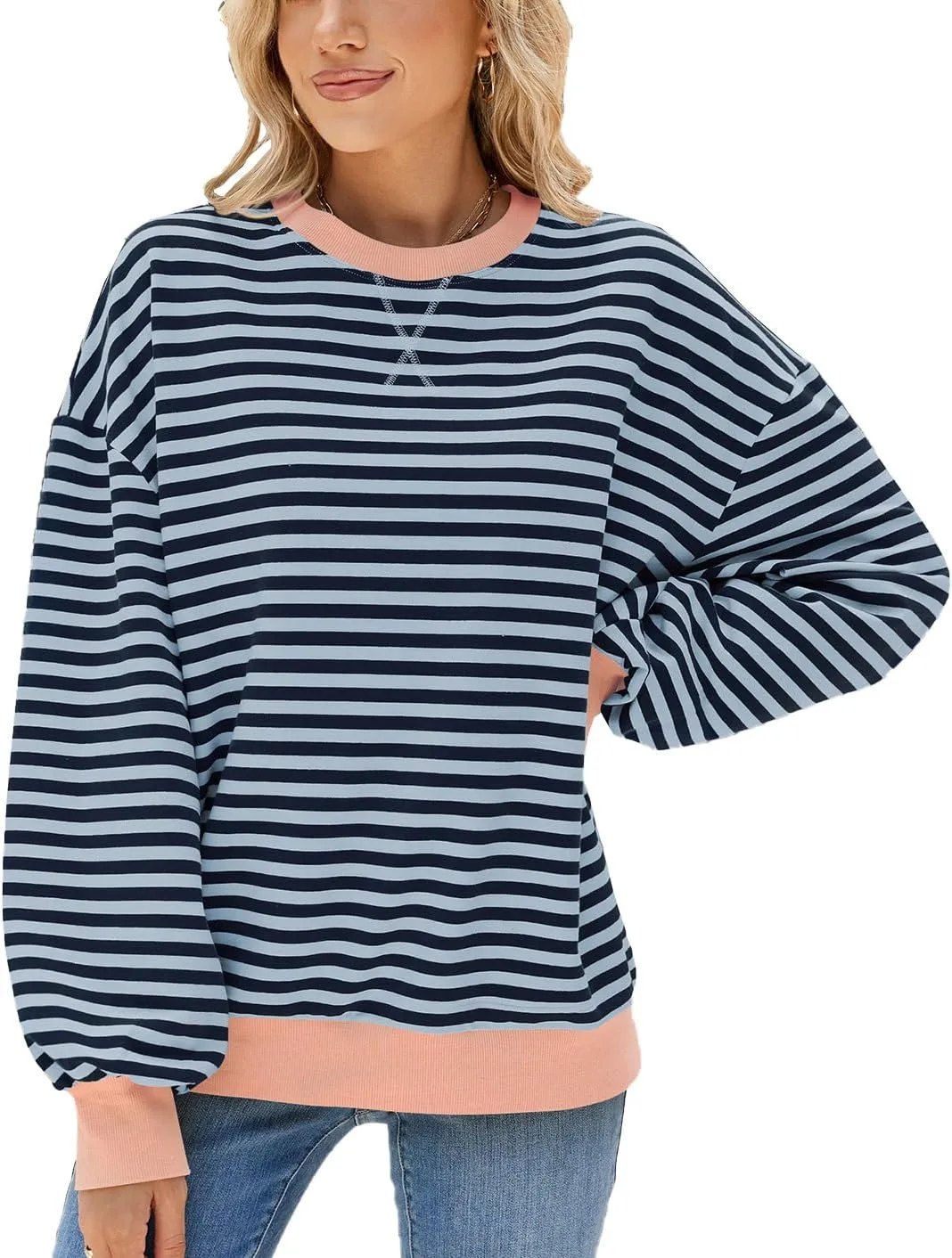 ABOCIW Womens Striped Oversized Sweatshirt Color Block Long Sleeve Crewneck Pullover Top Y2K Shirt