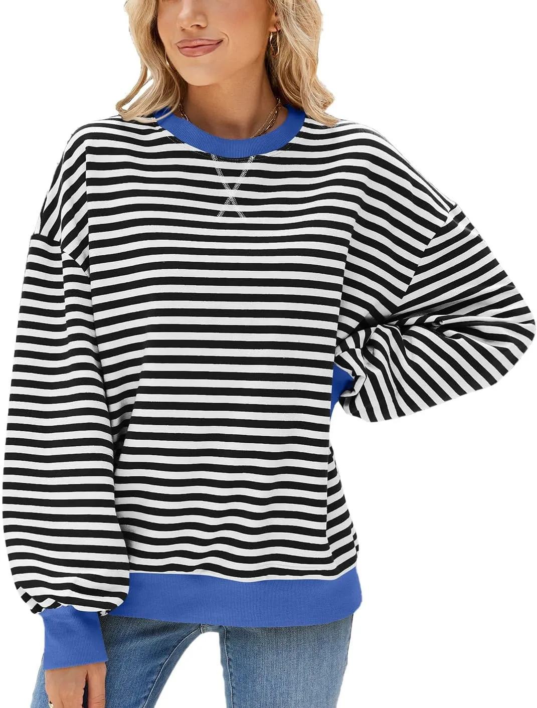 ABOCIW Womens Striped Oversized Sweatshirt Color Block Long Sleeve Crewneck Pullover Top Y2K Shirt