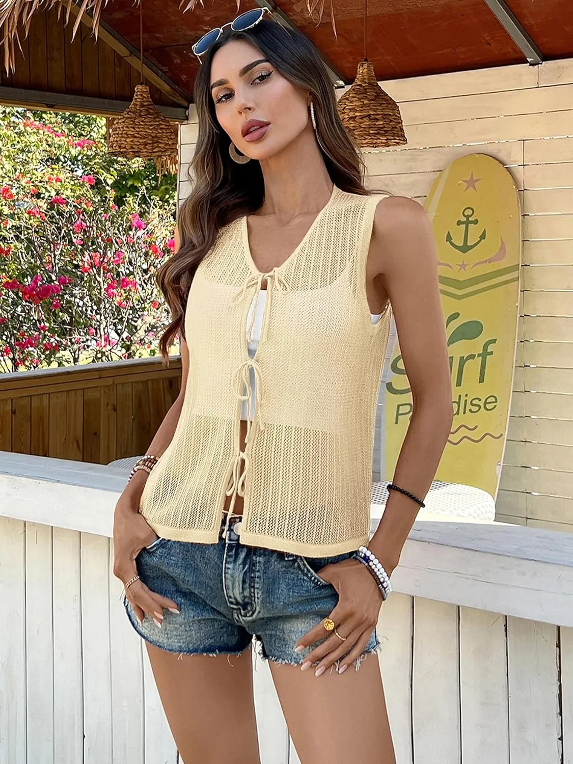 BB&KK Womens Crochet Tops Tie Front Sleeveless Sweater Vest Knit Tops 2025 Summer Cardigan Hollow Out Beach Cover Up