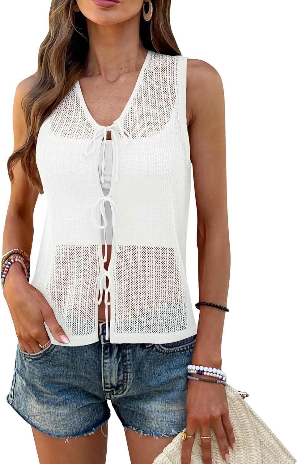 BB&KK Womens Crochet Tops Tie Front Sleeveless Sweater Vest Knit Tops 2025 Summer Cardigan Hollow Out Beach Cover Up