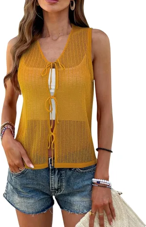 BB&KK Womens Crochet Tops Tie Front Sleeveless Sweater Vest Knit Tops 2025 Summer Cardigan Hollow Out Beach Cover Up