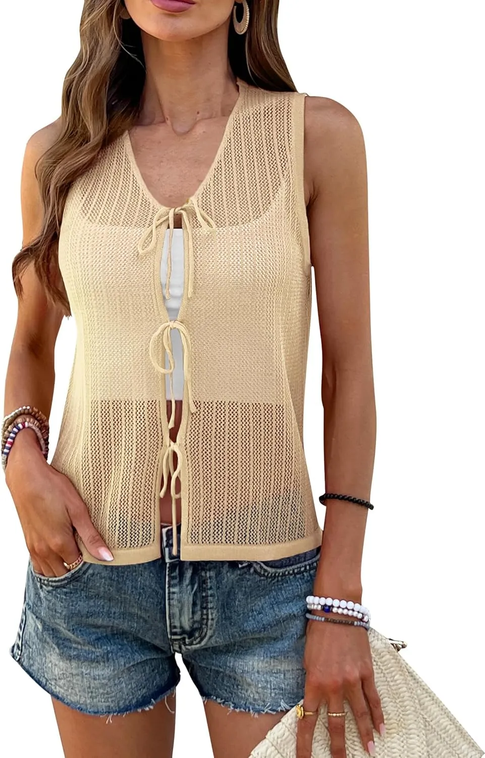 BB&KK Womens Crochet Tops Tie Front Sleeveless Sweater Vest Knit Tops 2025 Summer Cardigan Hollow Out Beach Cover Up