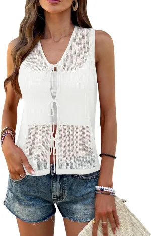 BB&KK Womens Crochet Tops Tie Front Sleeveless Sweater Vest Knit Tops 2025 Summer Cardigan Hollow Out Beach Cover Up