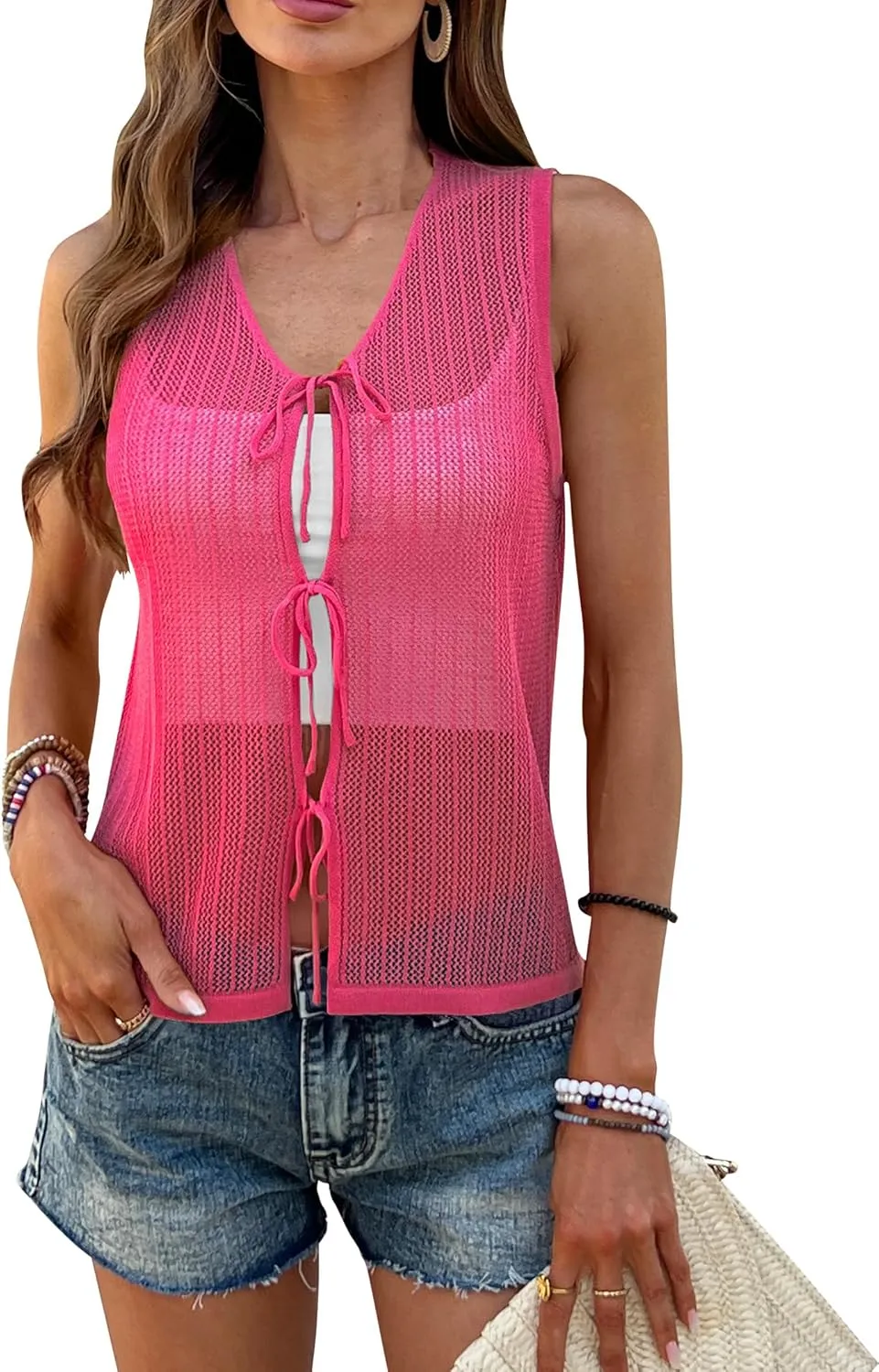 BB&KK Womens Crochet Tops Tie Front Sleeveless Sweater Vest Knit Tops 2025 Summer Cardigan Hollow Out Beach Cover Up