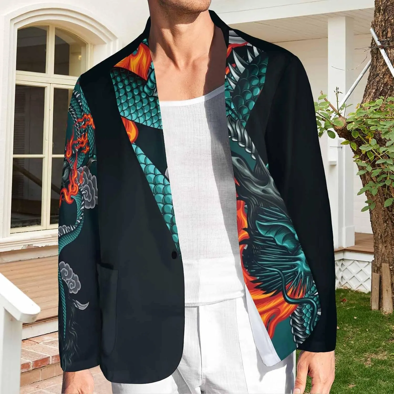 Blazer for Men Blue Dragon Chasing Fireball Men's Blazer Jacket Sports Coats Regular Fit One Buttons Suit Jackets