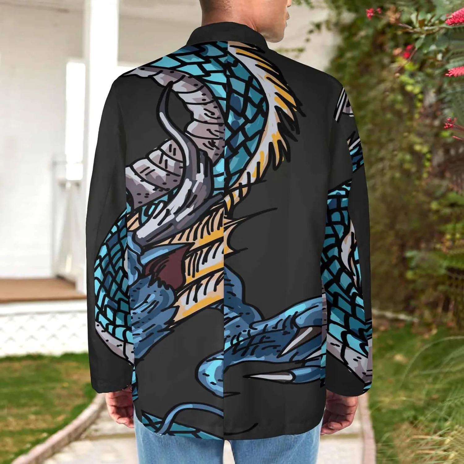 Blazer for Men Blue Dragon Chasing Fireball Men's Blazer Jacket Sports Coats Regular Fit One Buttons Suit Jackets