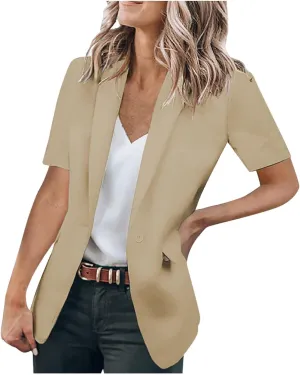 Blazers for Women Casual Work Office Slim Fit Herringbone Blazer Open Front Single Breasted Short Sleeve Suits Jacket