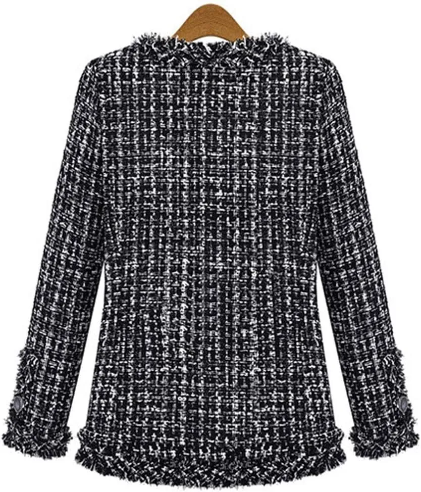 chouyatou Women's Fall Business Casual Tweed Blazer Jacket Collarless Open Front Dressy Tweed Jacket