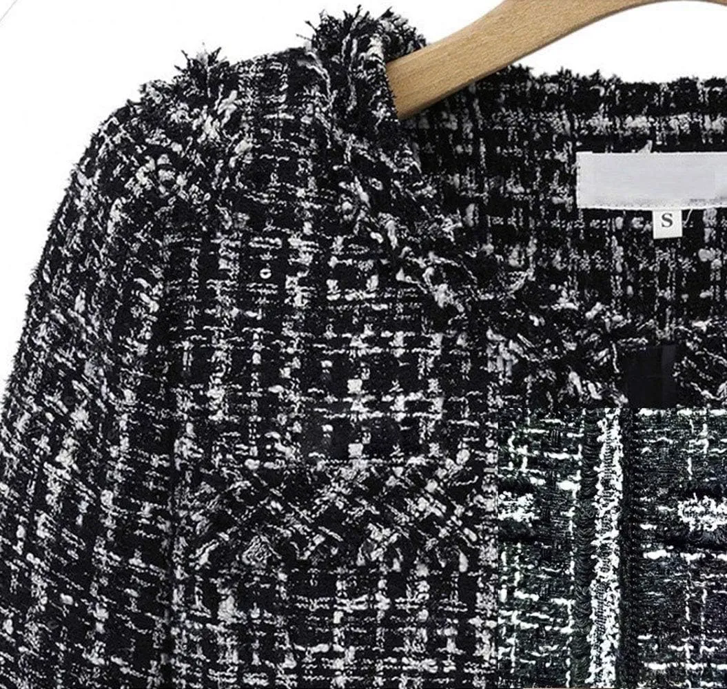 chouyatou Women's Fall Business Casual Tweed Blazer Jacket Collarless Open Front Dressy Tweed Jacket
