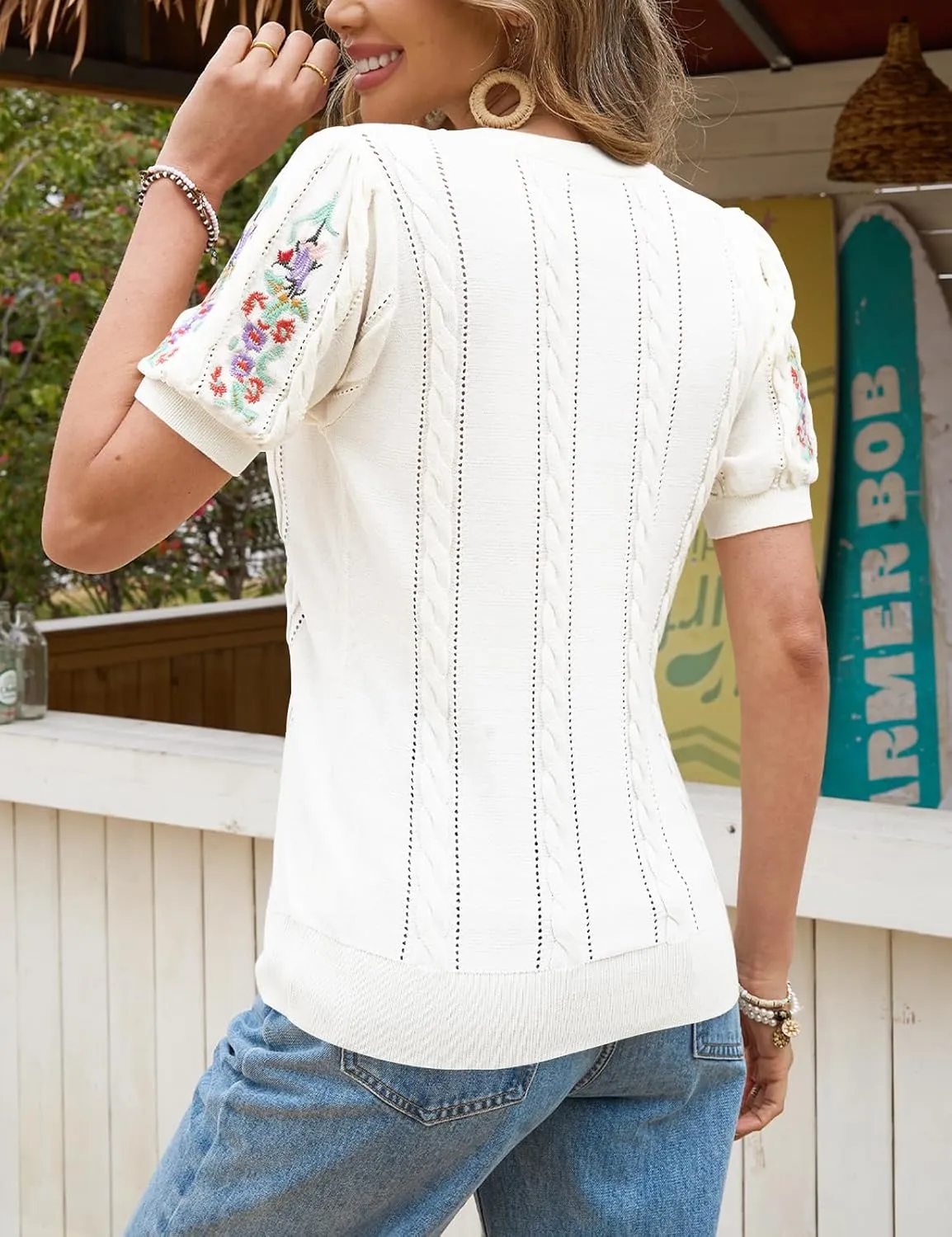 CiCiBird Womens Short Sleeve Sweater Cute Embroidered Pullover Casual Cable Knit Summer Tops