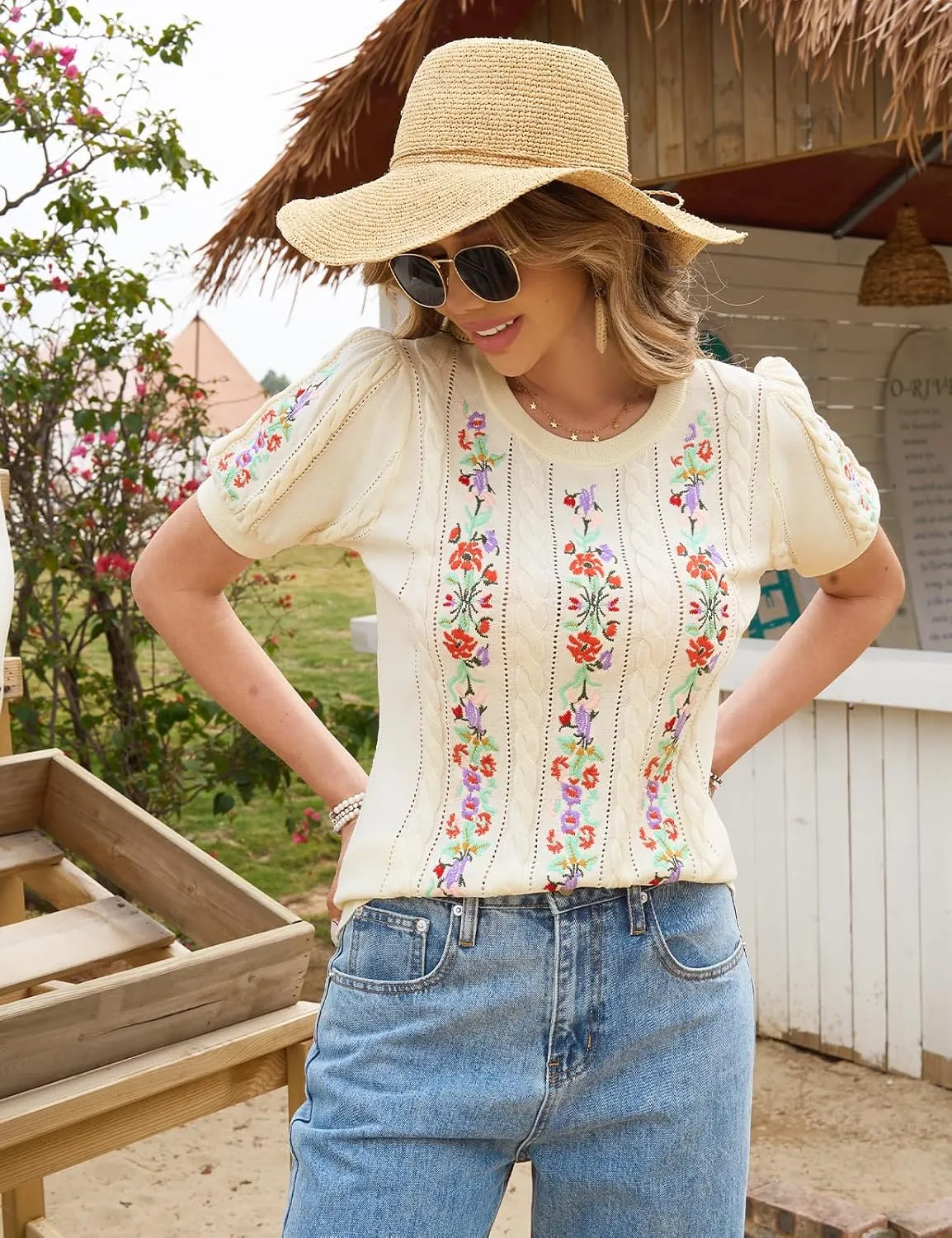 CiCiBird Womens Short Sleeve Sweater Cute Embroidered Pullover Casual Cable Knit Summer Tops