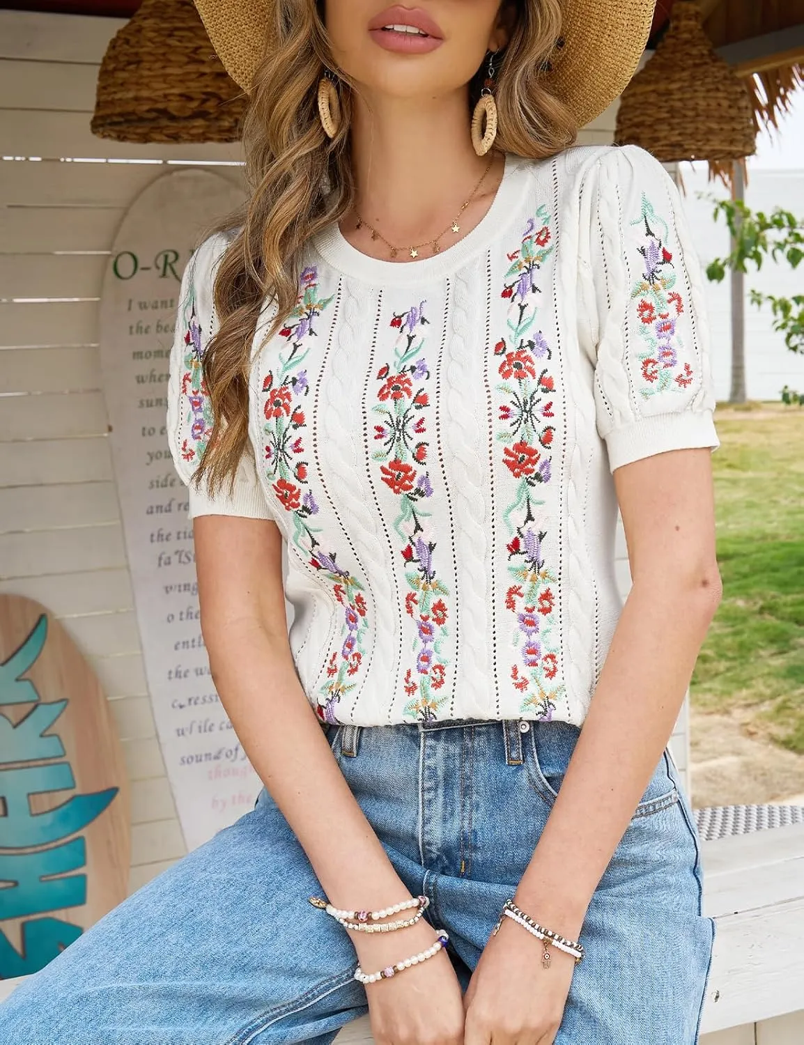 CiCiBird Womens Short Sleeve Sweater Cute Embroidered Pullover Casual Cable Knit Summer Tops
