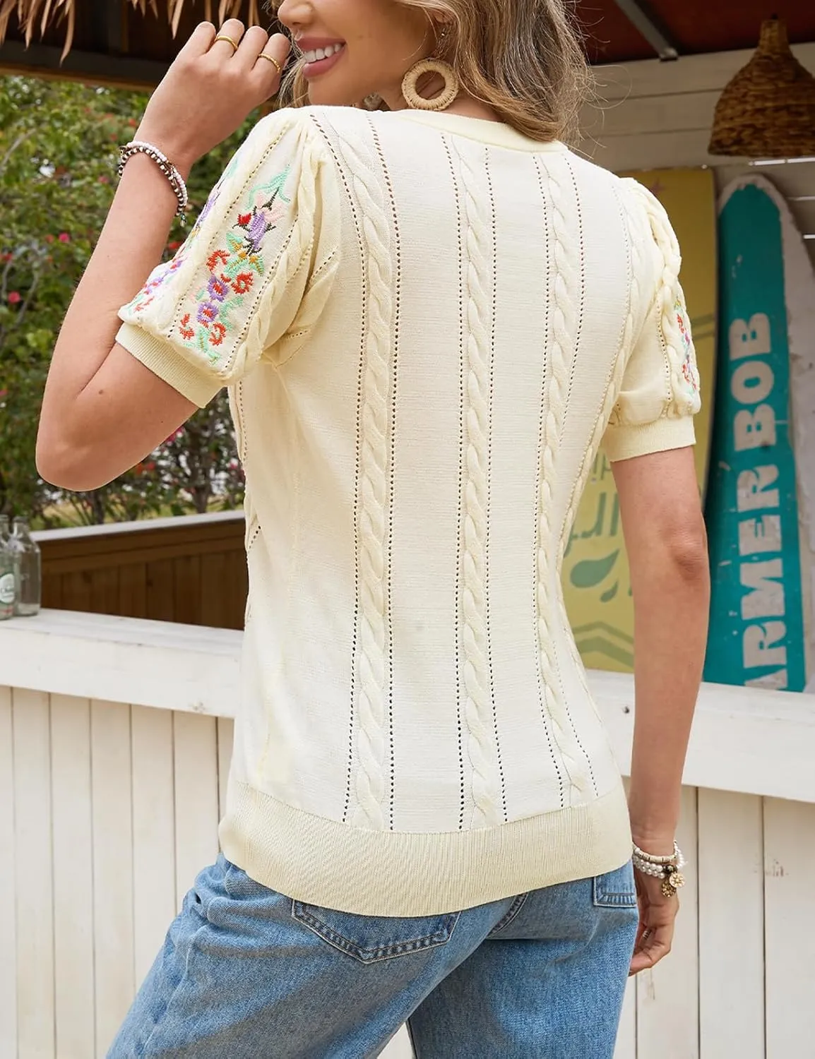 CiCiBird Womens Short Sleeve Sweater Cute Embroidered Pullover Casual Cable Knit Summer Tops
