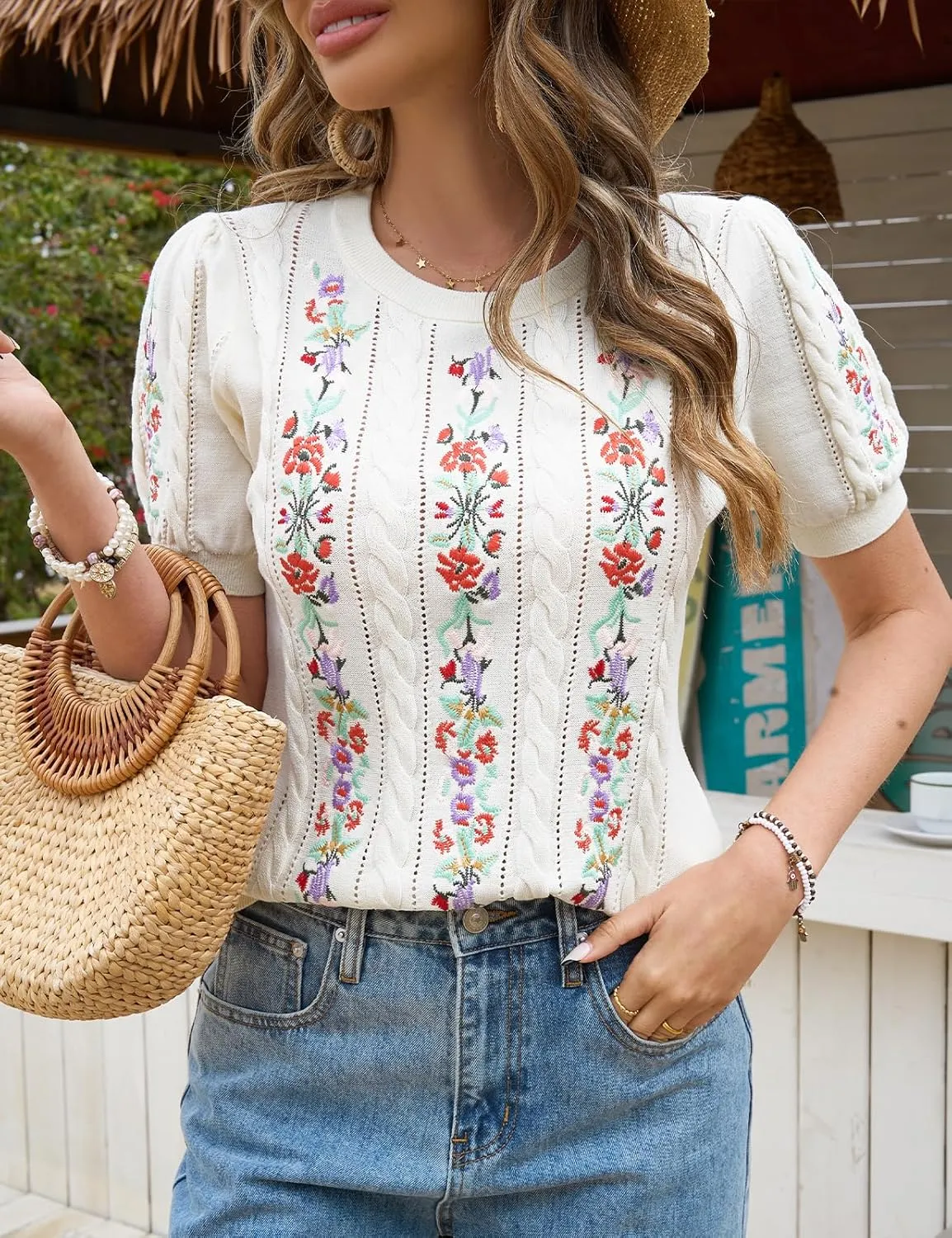 CiCiBird Womens Short Sleeve Sweater Cute Embroidered Pullover Casual Cable Knit Summer Tops