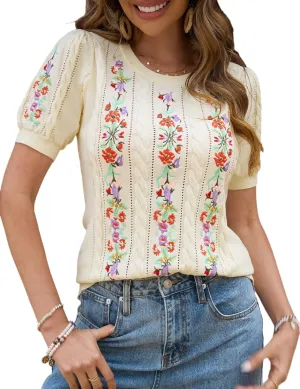CiCiBird Womens Short Sleeve Sweater Cute Embroidered Pullover Casual Cable Knit Summer Tops