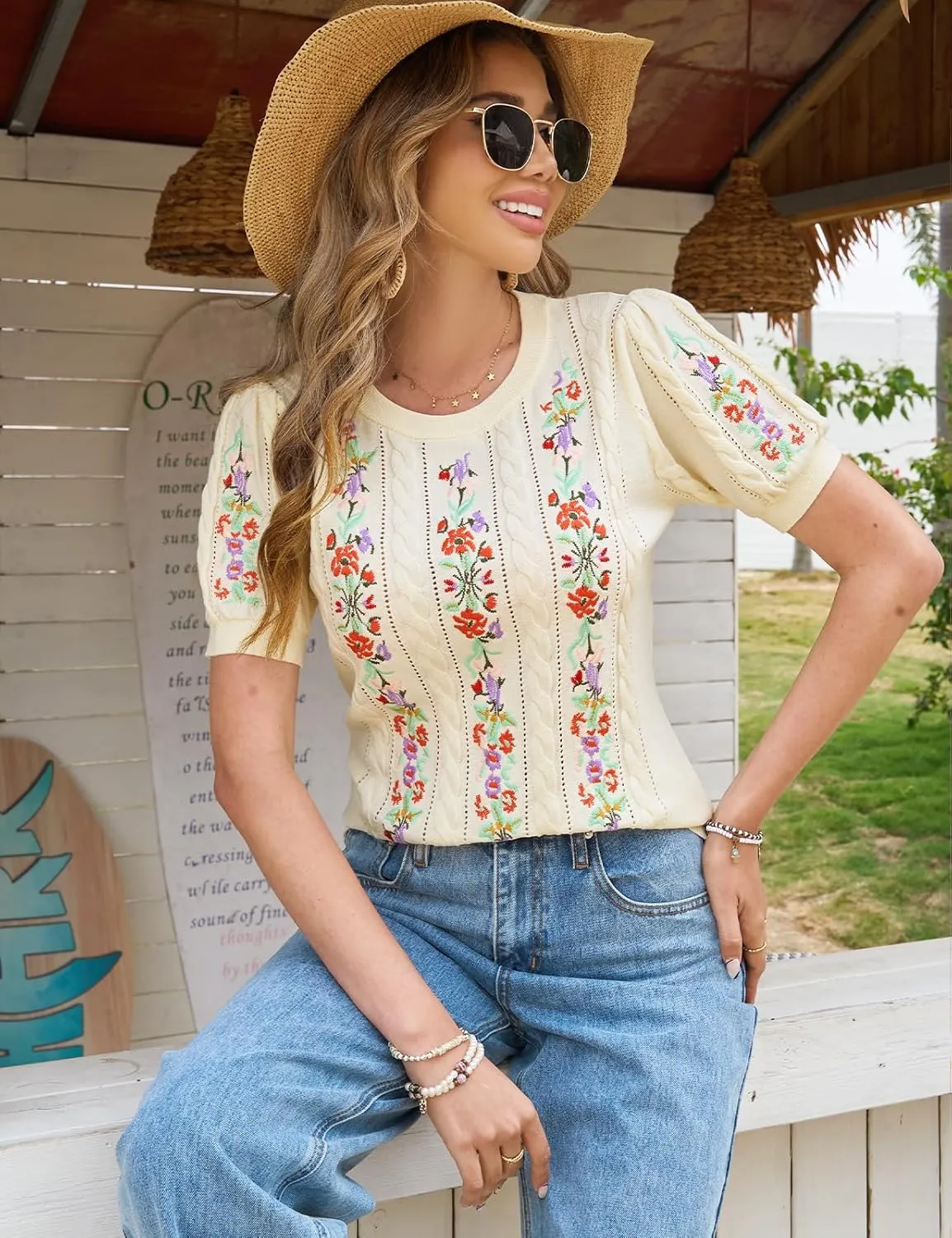 CiCiBird Womens Short Sleeve Sweater Cute Embroidered Pullover Casual Cable Knit Summer Tops