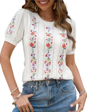 CiCiBird Womens Short Sleeve Sweater Cute Embroidered Pullover Casual Cable Knit Summer Tops