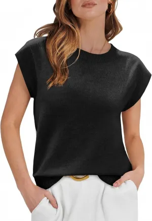 Cicy Bell Womens Cap Sleeve Sweater Vest Summer Casual Sleeveless Knit Tank Tops Loose Fit Crew Neck Shirts Pullover