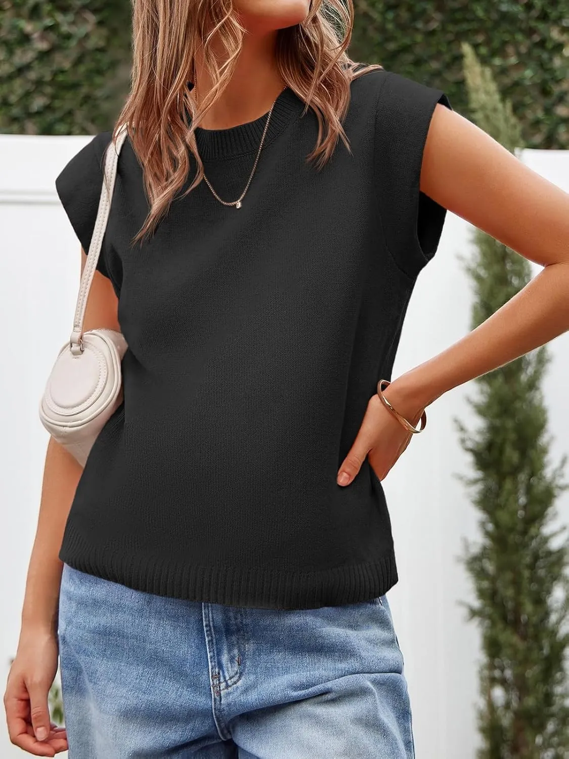 Cicy Bell Womens Cap Sleeve Sweater Vest Summer Casual Sleeveless Knit Tank Tops Loose Fit Crew Neck Shirts Pullover