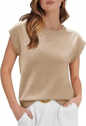 Cicy Bell Womens Cap Sleeve Sweater Vest Summer Casual Sleeveless Knit Tank Tops Loose Fit Crew Neck Shirts Pullover