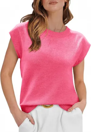 Cicy Bell Womens Cap Sleeve Sweater Vest Summer Casual Sleeveless Knit Tank Tops Loose Fit Crew Neck Shirts Pullover