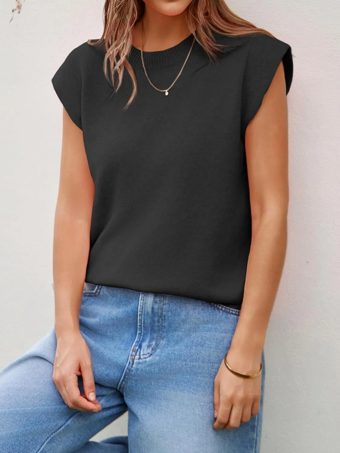 Cicy Bell Womens Cap Sleeve Sweater Vest Summer Casual Sleeveless Knit Tank Tops Loose Fit Crew Neck Shirts Pullover