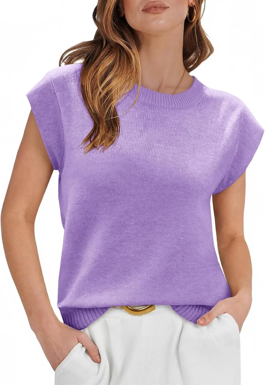 Cicy Bell Womens Cap Sleeve Sweater Vest Summer Casual Sleeveless Knit Tank Tops Loose Fit Crew Neck Shirts Pullover