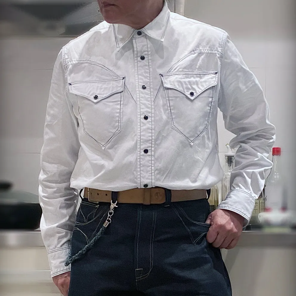 DDL 312R-KALEB V-WB REGULAR FIT 2 POCKET WITH CONTRAST BLUE STITCH WESTERN SHIRT-E0 WHITE