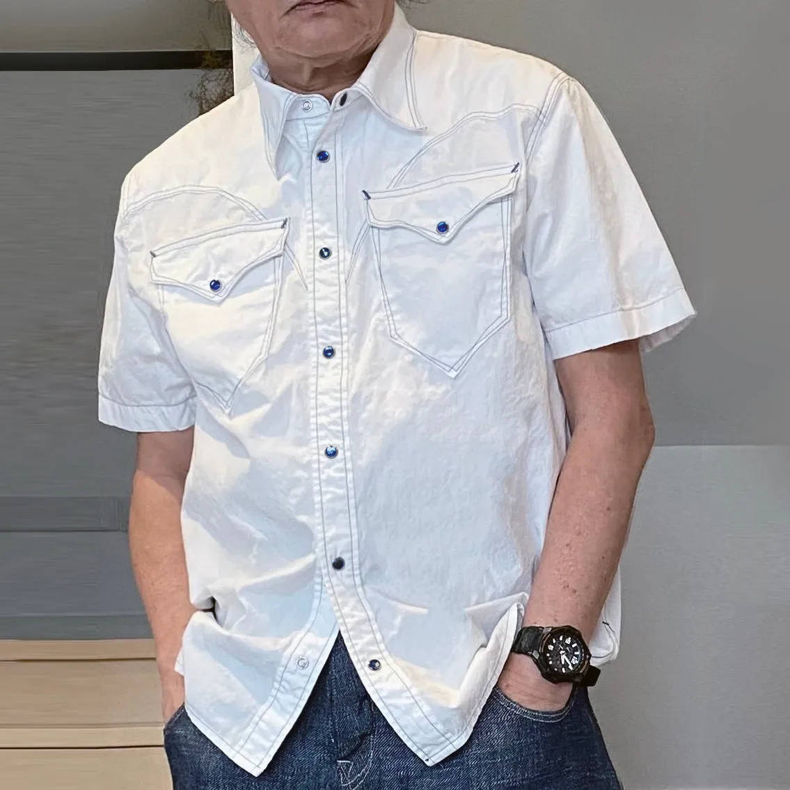 DDL 323RR-DEL TORO V-WB REGULAR FIT 2 POCKET SHORT SLEEVE WESTERN CONTRASTING BLUE STITCH SHIRT-E0 WHITE