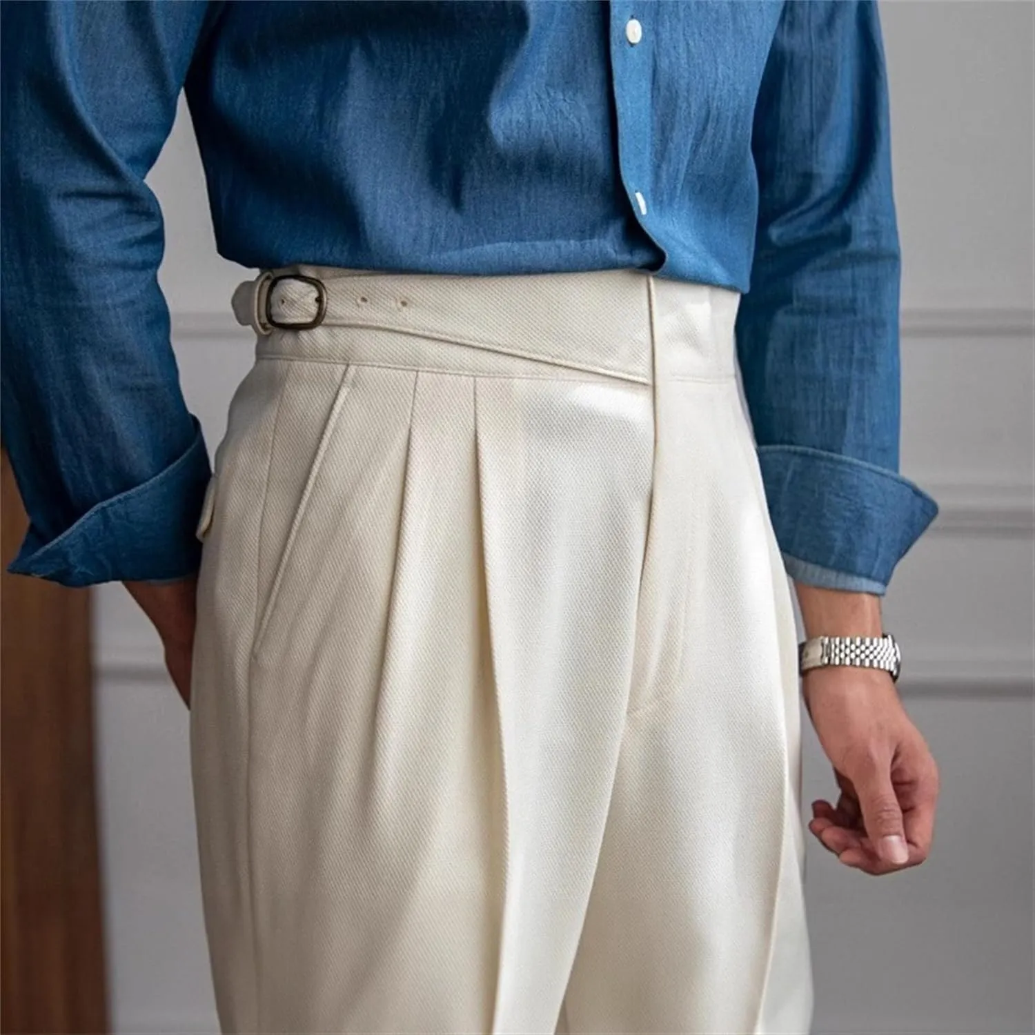 DGHM-JLMY Men's Fashion Slim Fit Dress Pants High Waist Straight Retro Pant Trousers Casual Business Formal Pants