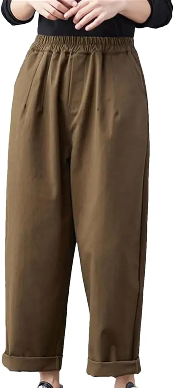 Disimlarl Women Cotton Casual Trousers Solid Loose Pants High Waist Harem Pants Elastic Waist Pants