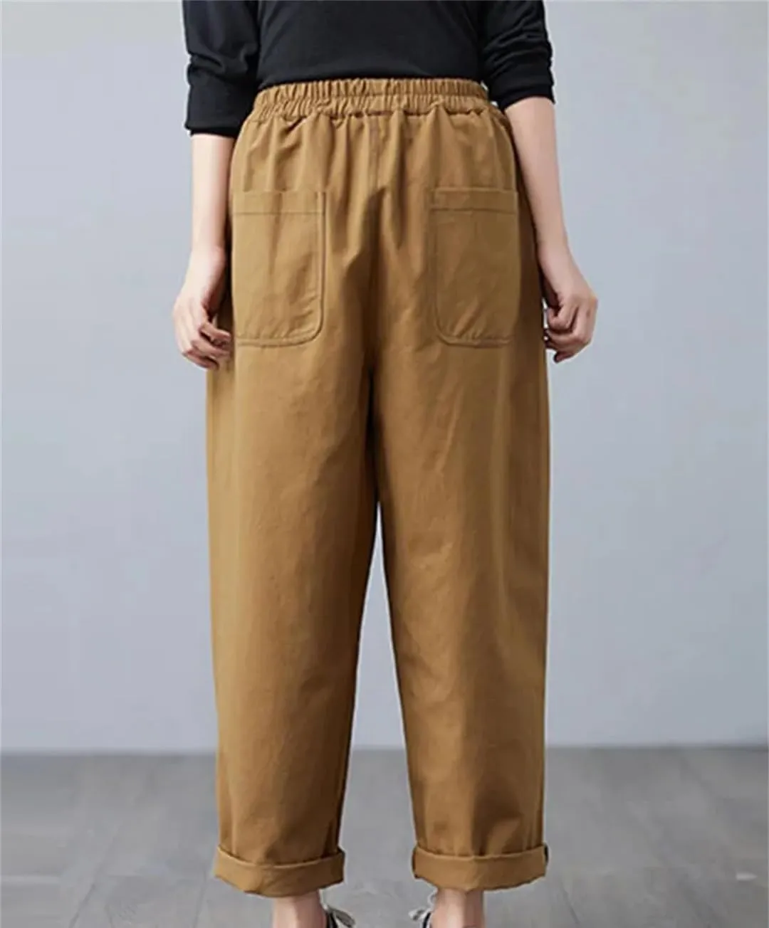 Disimlarl Women Cotton Casual Trousers Solid Loose Pants High Waist Harem Pants Elastic Waist Pants