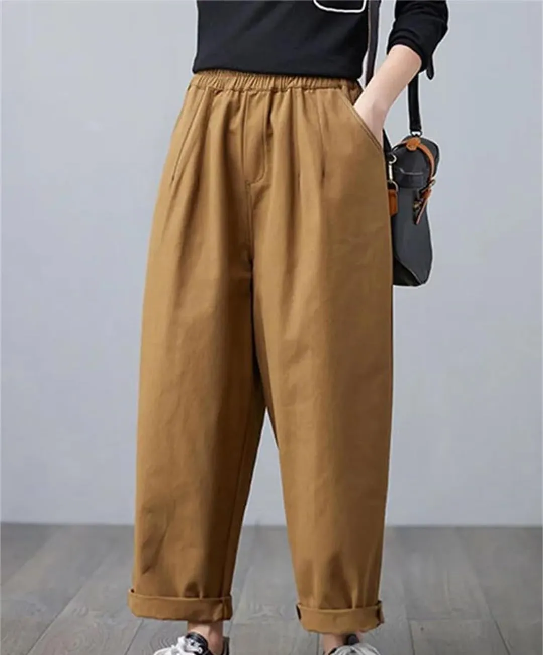Disimlarl Women Cotton Casual Trousers Solid Loose Pants High Waist Harem Pants Elastic Waist Pants