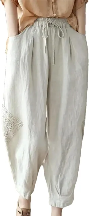 Disimlarl Women High Waist Casual Pants Elastic Waist Cotton Linen Pants Loose Ankle-Length Harem Pants