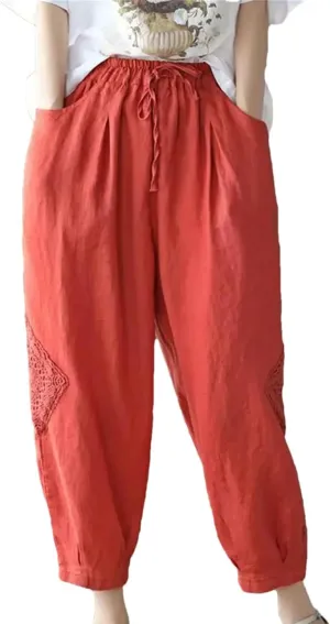 Disimlarl Women High Waist Casual Pants Elastic Waist Cotton Linen Pants Loose Ankle-Length Harem Pants