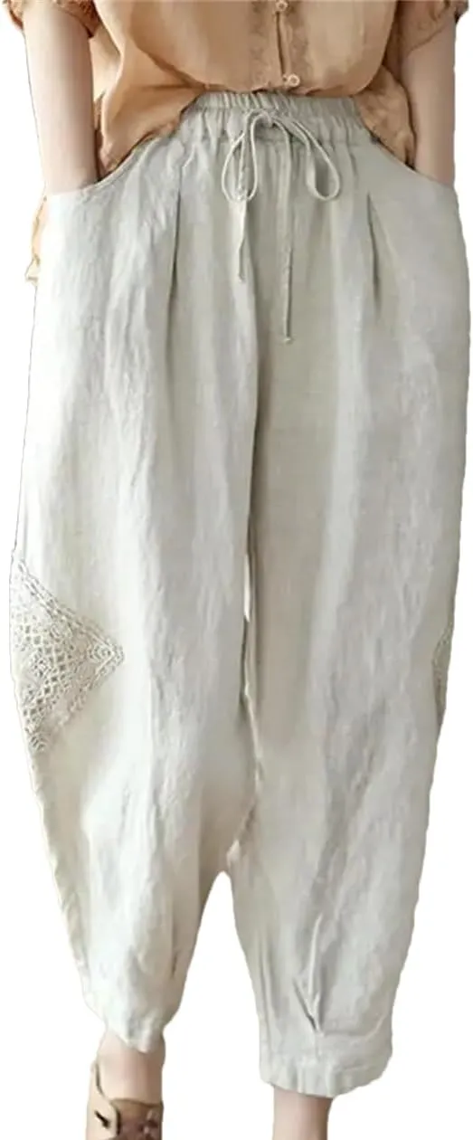 Disimlarl Women High Waist Casual Pants Elastic Waist Cotton Linen Pants Loose Ankle-Length Harem Pants